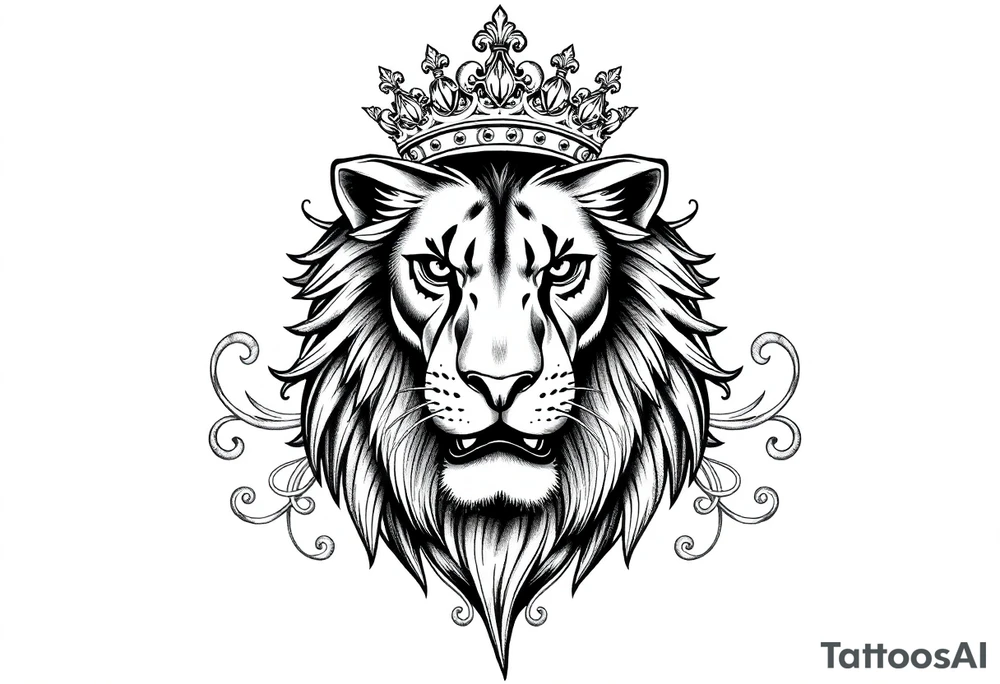 majestic lion wearing ornate crown, surrounded by baroque flourishes tattoo idea