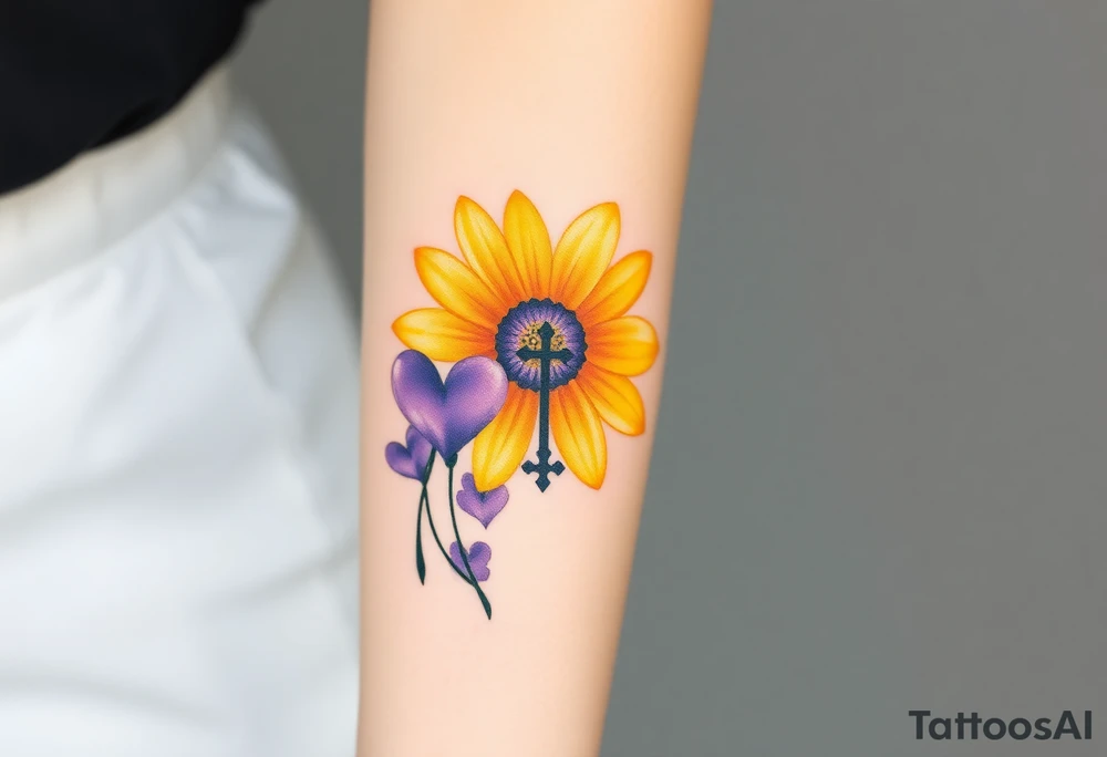 Simple yellow daisy with Purple Hearts & cross tattoo idea