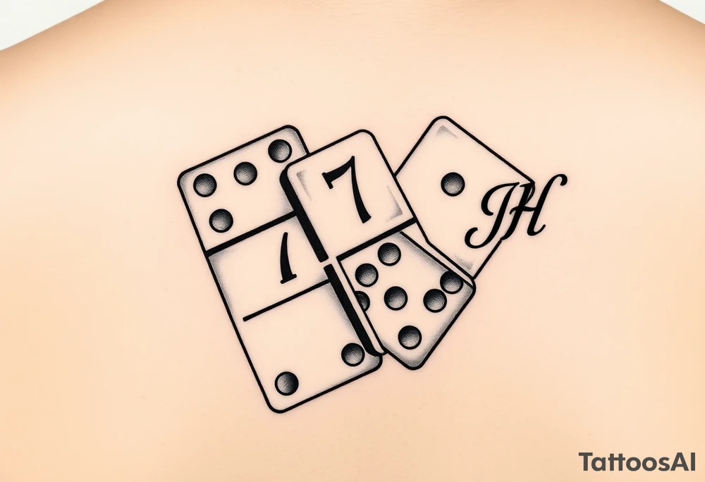 „Tattoo design of three domino tiles falling like in a domino chain, leaning against each other in motion. Realistic retro style, black and grey shading, not fine-line. The tiles show the numbers: one with 8 (4+4), one with 7 (4+3), and one with 6 (six dots on the bottom half). On the top half of the domino with 6, add the initials ‘JH’ in elegant retro lettering. Slightly worn, vintage realistic tattoo look.“ tattoo idea