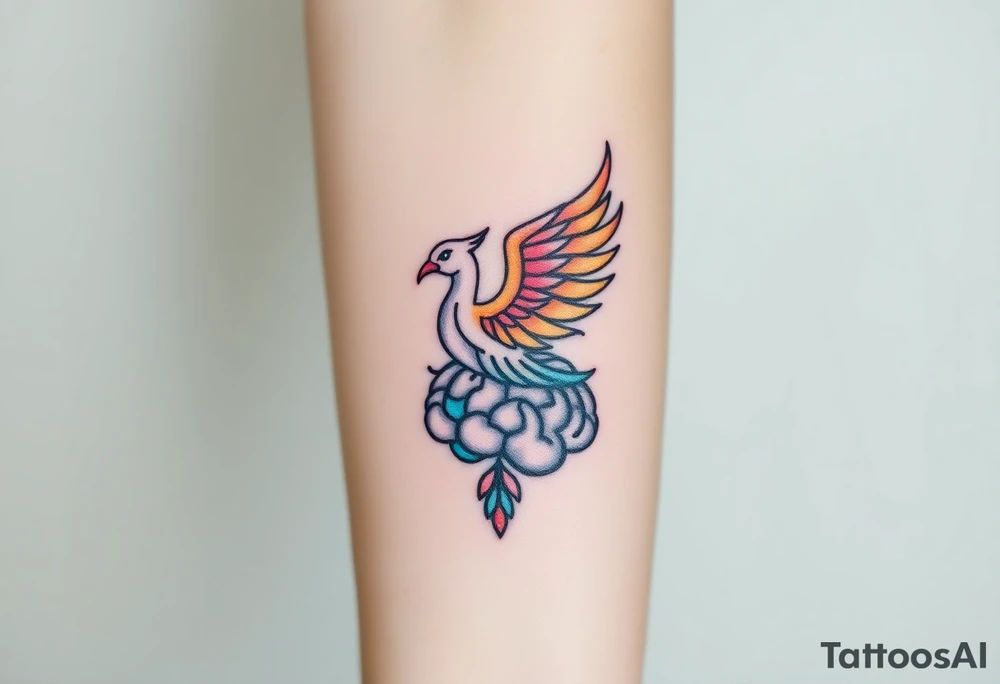A phoenix rising out of a brain colorful tattoo idea