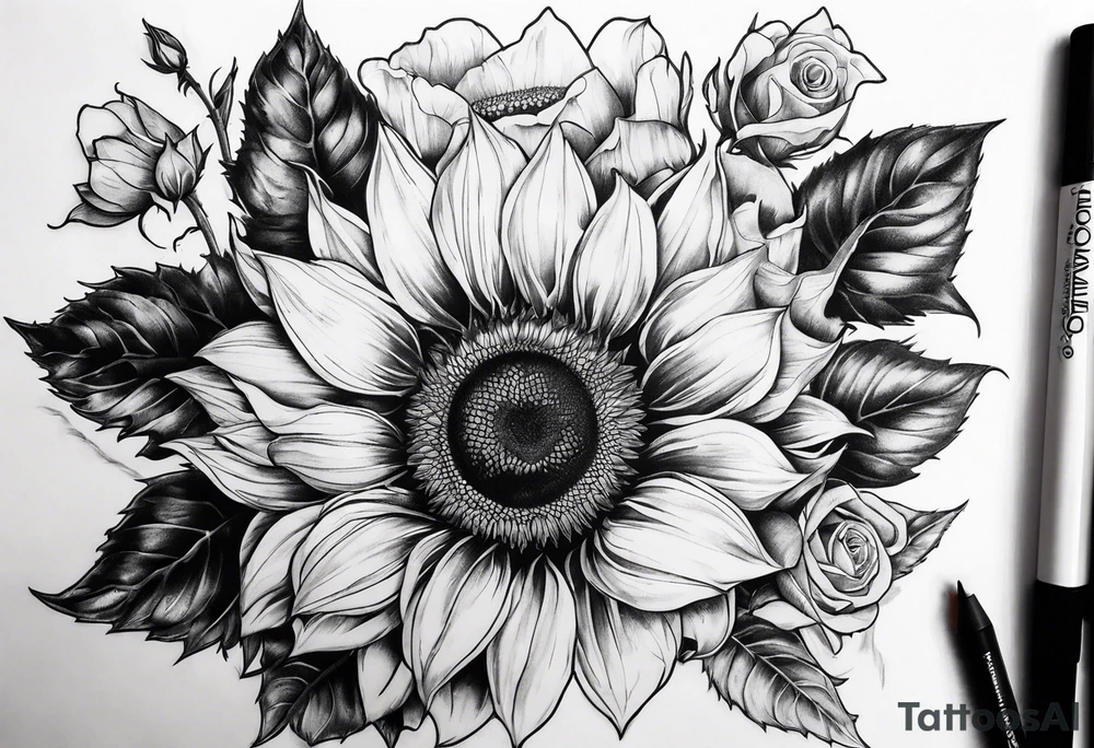 Sunflower and rose flower tattoo idea