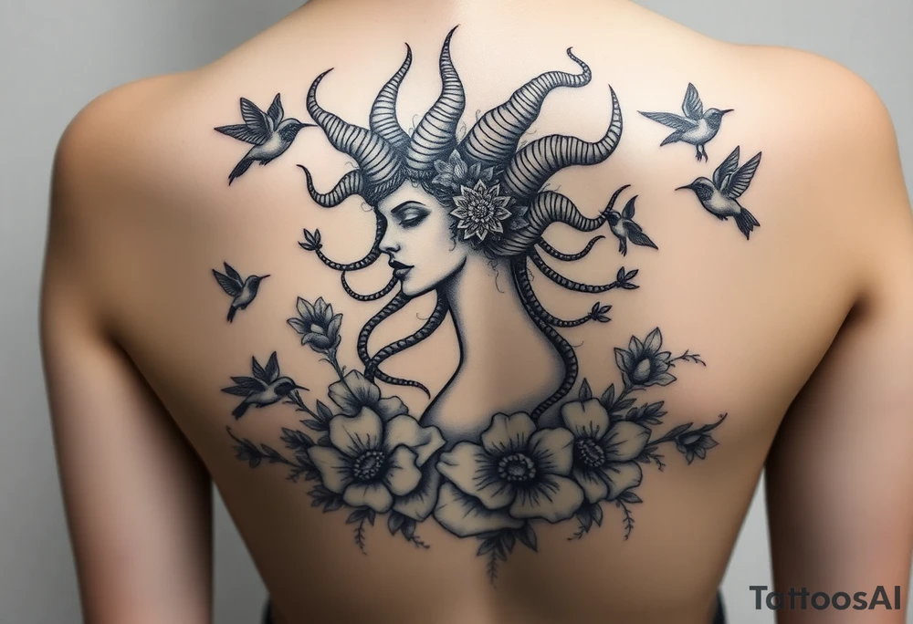 medusa surrounded by hummingbirds and flowers tattoo idea