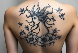 medusa surrounded by hummingbirds and flowers tattoo idea