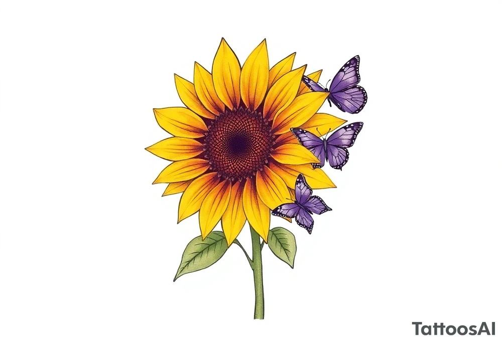 Sunflower with purple butterflies on side tattoo idea