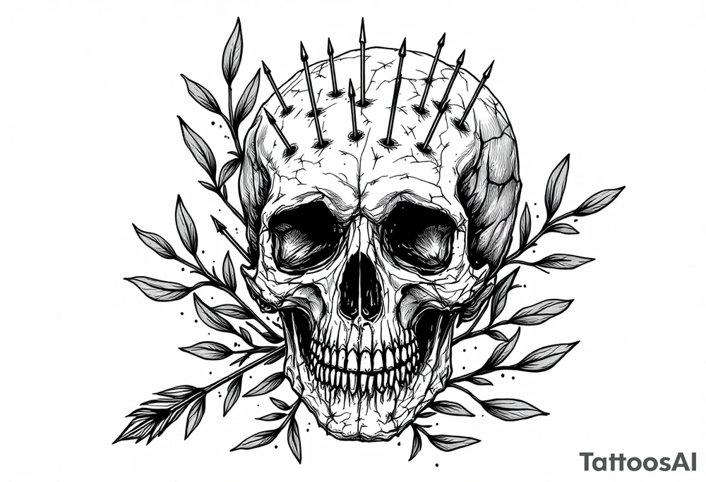 a skull whose head would be pierced by needles under the head go a long an  arrow and surrounded by a olive tree leaf around tattoo idea