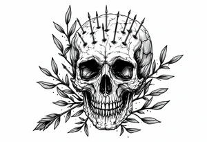 a skull whose head would be pierced by needles under the head go a long an  arrow and surrounded by a olive tree leaf around tattoo idea