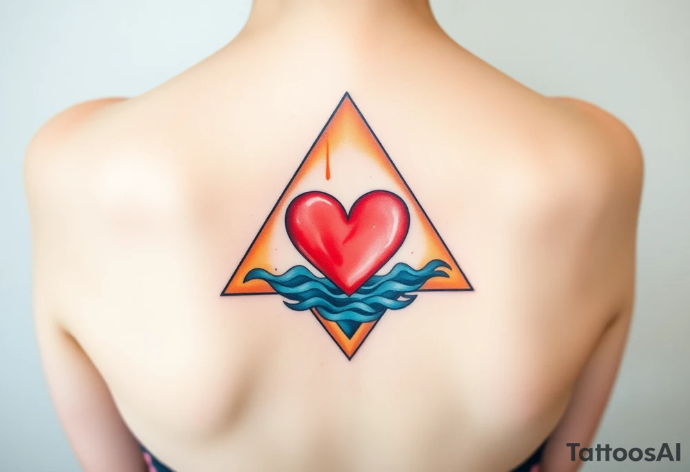 A triangle with a big heart in the center with an ocean travel theme tattoo idea