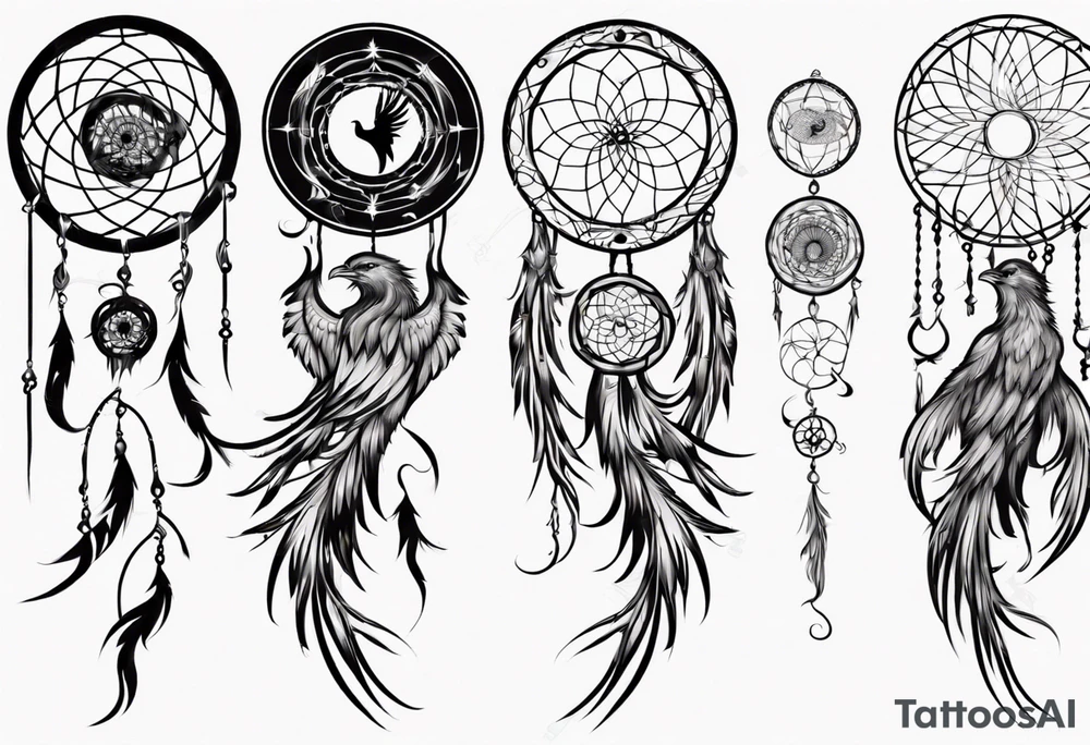 Vertical screaming Phoenix in circles with abstract dream catcher tail tattoo idea Vertical screaming Phoenix in circles with abstract dream catcher tail tattoo idea