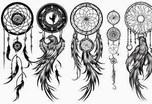 Vertical screaming Phoenix in circles with abstract dream catcher tail tattoo idea