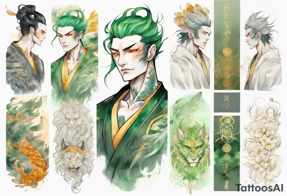 A tall beautiful man with pale green skin and long of green and gold and auburn and silver with amber eyes tattoo idea