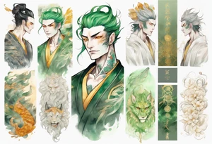 A tall beautiful man with pale green skin and long of green and gold and auburn and silver with amber eyes tattoo idea