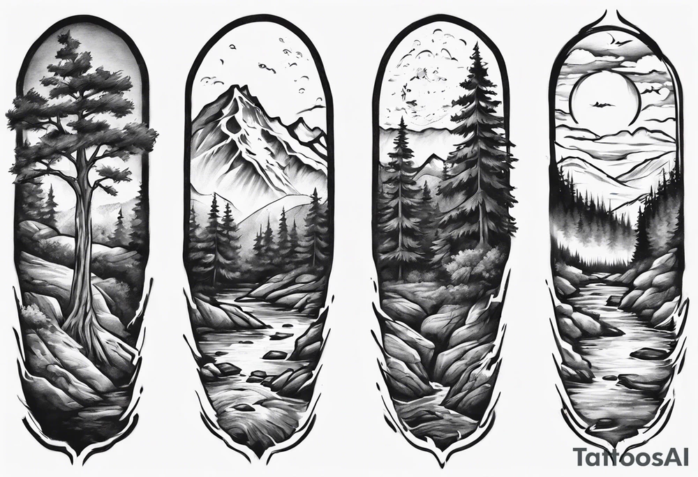 half arm sleeve with Pennsylvania keystone, eastern hemlock tree, mountains, and a river tattoo idea