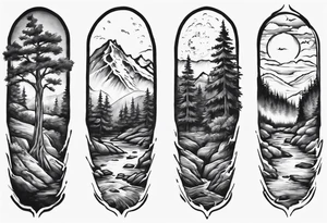 half arm sleeve with Pennsylvania keystone, eastern hemlock tree, mountains, and a river tattoo idea