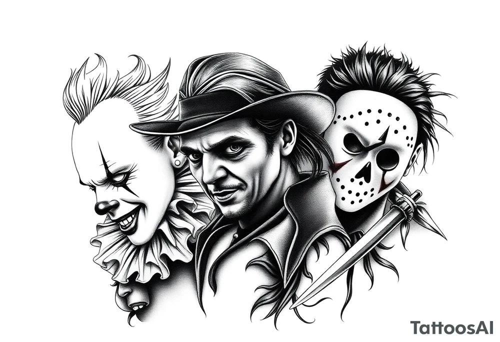 Pennywise, Freddy Krueger, Michael Meyers, and jason voorhees tattoo idea