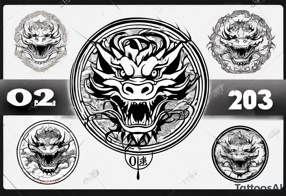 Chinese dragon in a circular shape with "02.03" written on it tattoo idea