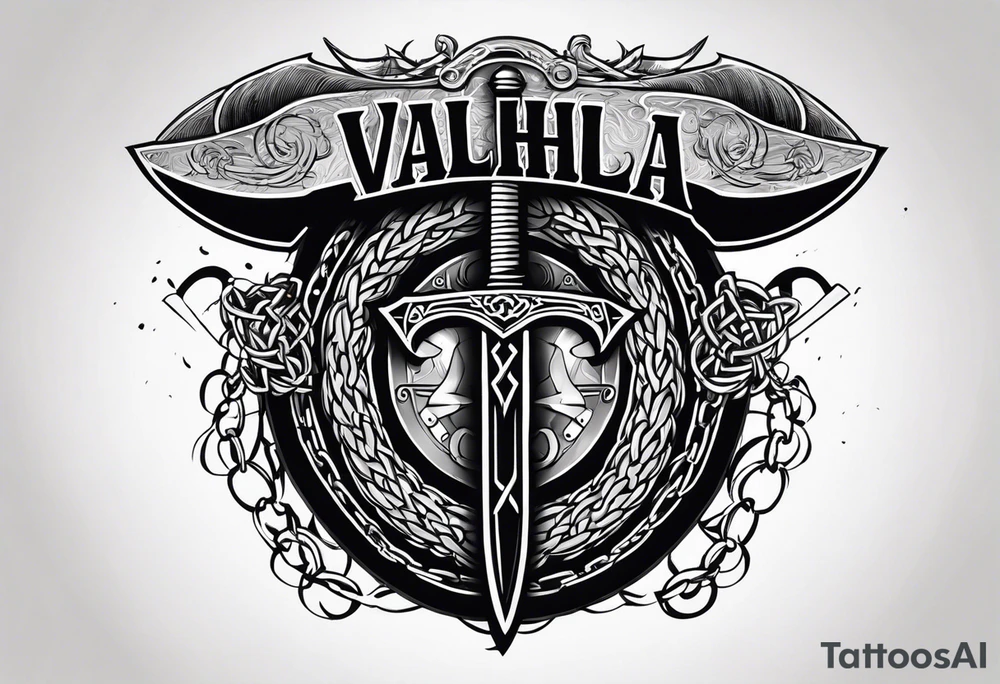 Valhalla sword round shield axe barbed wire chains dark cloud tattoo idea