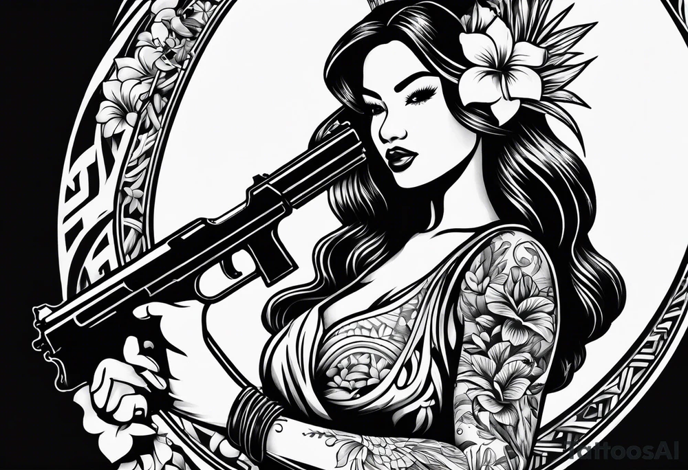 old school tattoo of hula girl in hawaii who play with gun tattoo idea