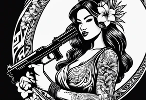 old school tattoo of hula girl in hawaii who play with gun tattoo idea