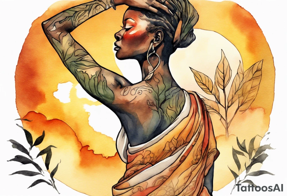 a tree woman reaching towards a blazing sun in the sky, african woman tattoo idea