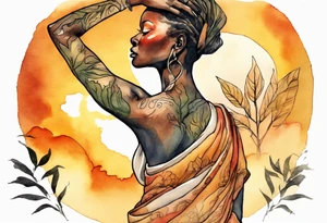 a tree woman reaching towards a blazing sun in the sky, african woman tattoo idea