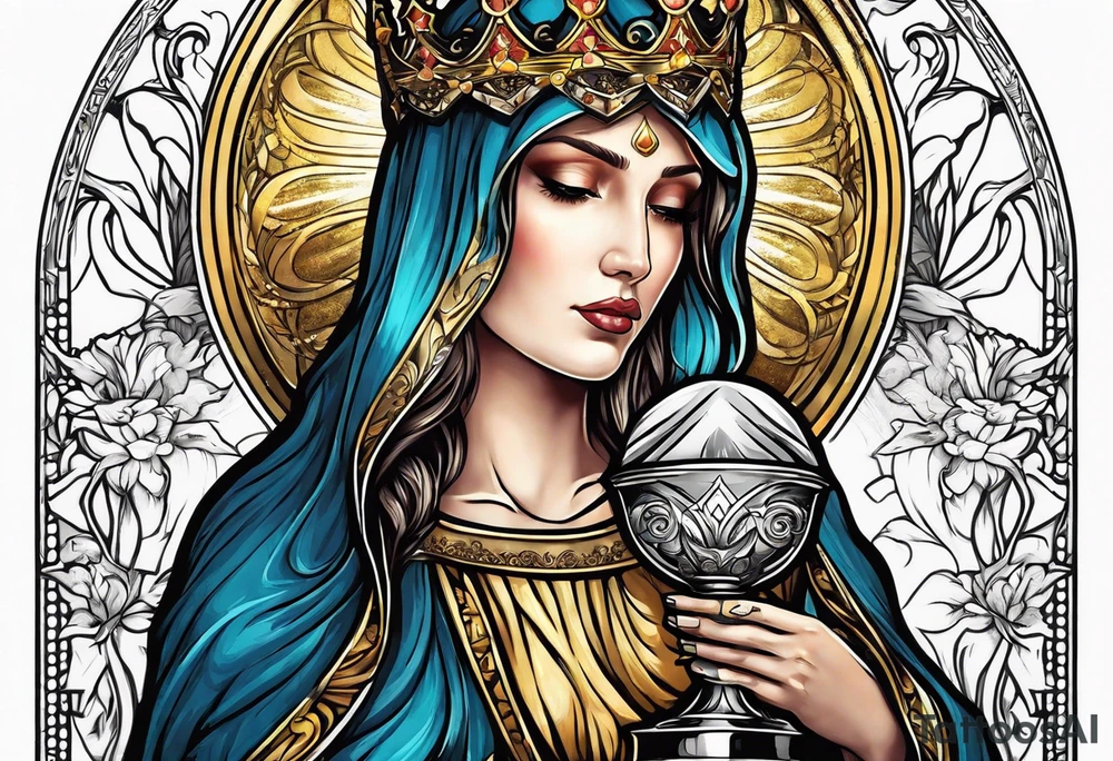 holy saint woman turned away with golden halo holding a chalice tattoo idea