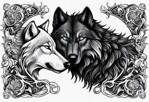 Black wolf fighting white wolf tattoo idea