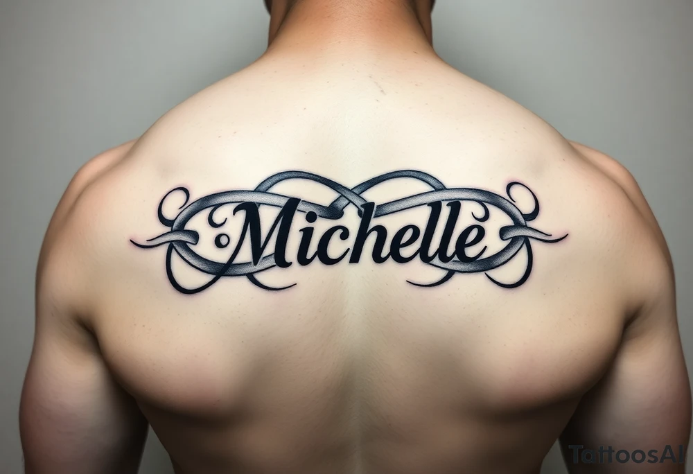 Create a tattoo on a man’s chest if a woman’s name Michelle. Irish or infinity celtic knot theme tattoo idea