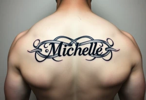 Create a tattoo on a man’s chest if a woman’s name Michelle. Irish or infinity celtic knot theme tattoo idea