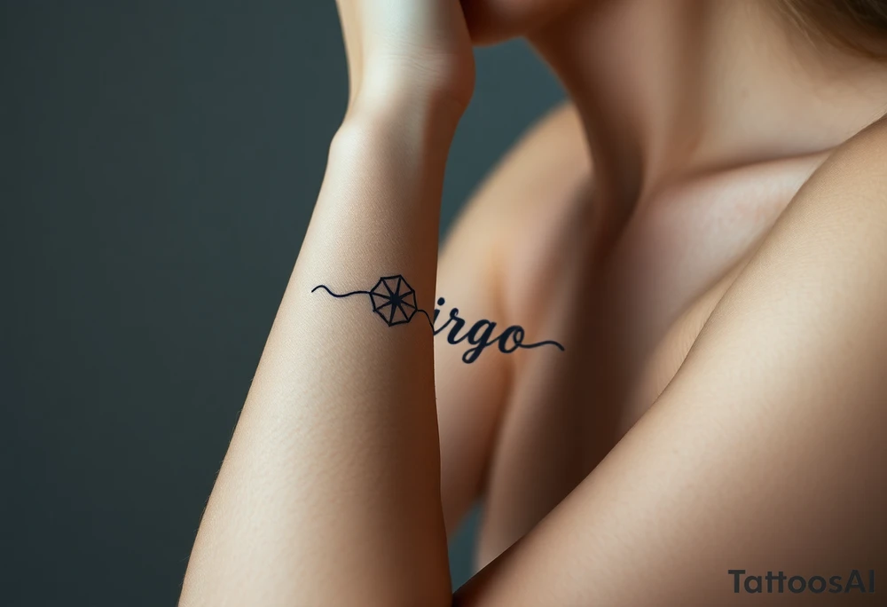 A celestial woman with glowing silver tattoos on her skin with word virgo tattoo idea