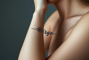 A celestial woman with glowing silver tattoos on her skin with word virgo tattoo idea