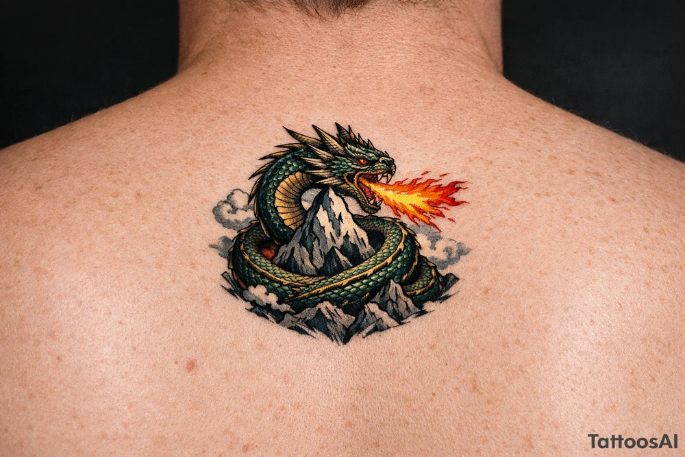 A fierce dragon coiled around a mountain peak, scales detailed, fire breath erupting. tattoo idea