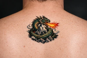 A fierce dragon coiled around a mountain peak, scales detailed, fire breath erupting. tattoo idea