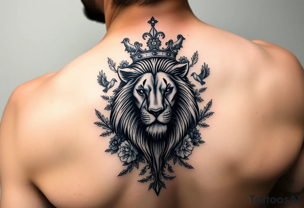 powerful majestic lion with a crown, surrounded by floral ornaments and birds tattoo idea