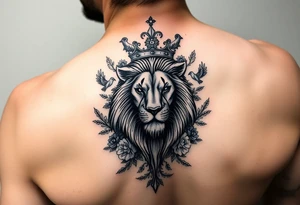 powerful majestic lion with a crown, surrounded by floral ornaments and birds tattoo idea