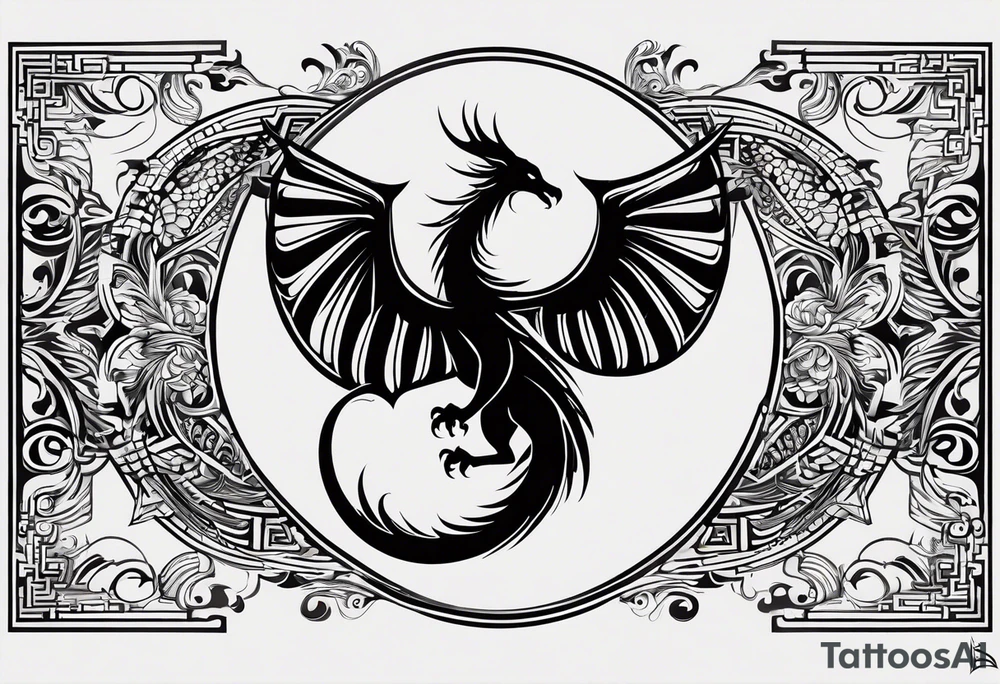 For a Gen Z-inspired dragon and phoenix tattoo, think of a clean, minimalist design that combines symbolism with bold, sleek lines. Imagine a dragon and phoenix spiraling together in a yin-yang-inspired layout. The dragon has a slightly abstract, modern shape, with sharp, flowing lines to show power, resilience, and wisdom, while the phoenix is rendered with sweeping curves and minimal detailing, symbolizing rebirth, growth, and transformation.

Both creatures should interact harmoniously, representing balance and duality. To keep it meaningful, focus on line work rather than intricate shading—clear, open spaces allow the tattoo to feel light and energetic. Adding small symbols, like stars or a faint galaxy backdrop, can enhance the "rising from ashes" and "strength through challenge" themes. This design will appeal timelessly while resonating with Gen Z’s love for symbolism and simplicity. tattoo idea