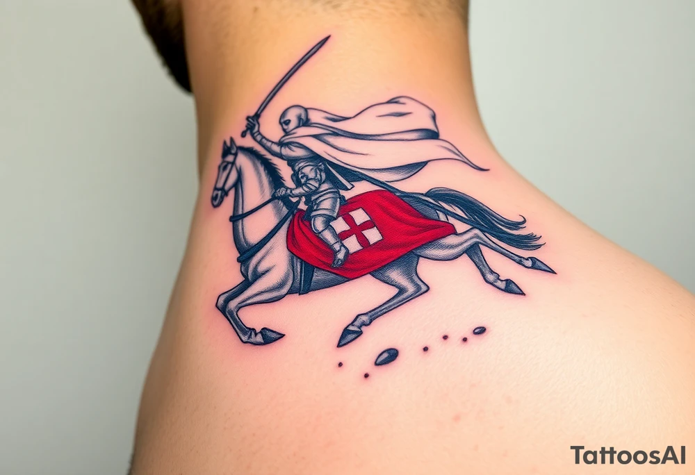 A mounted Templar knight charging into battle, his white cape billowing behind him, sword raised high, and his warhorse adorned with a red and white caparison tattoo idea