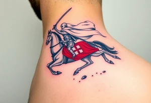 A mounted Templar knight charging into battle, his white cape billowing behind him, sword raised high, and his warhorse adorned with a red and white caparison tattoo idea