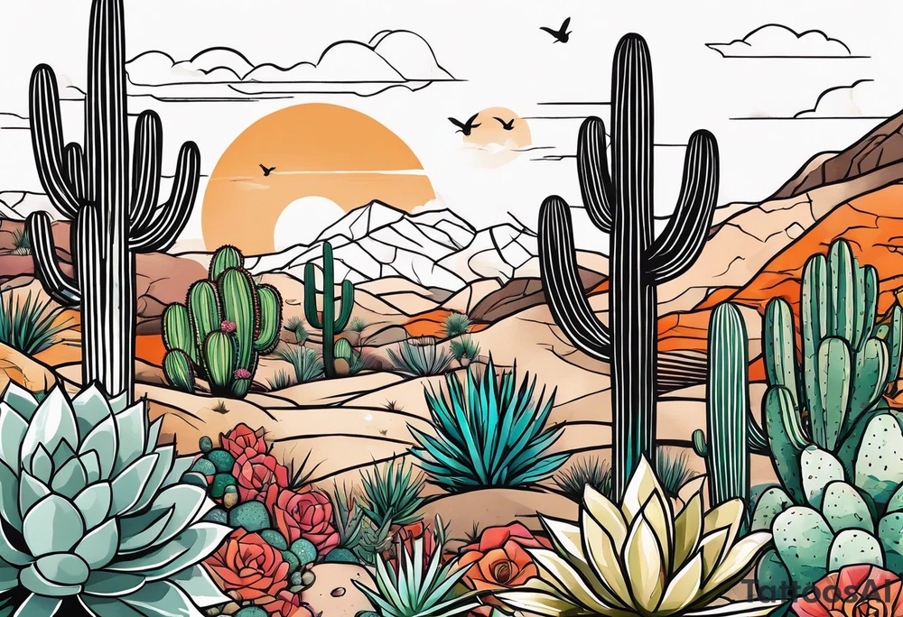 Modern Mexican style desert garden with cactus and small succulents add tiny moth flying tattoo idea