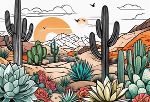 Modern Mexican style desert garden with cactus and small succulents add tiny moth flying tattoo idea