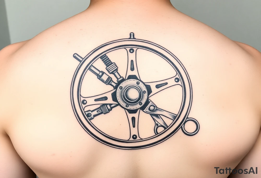 Put together a steering wheel, a misty fanglue for mortar and scissors for sheet metal in one tattoo tattoo idea