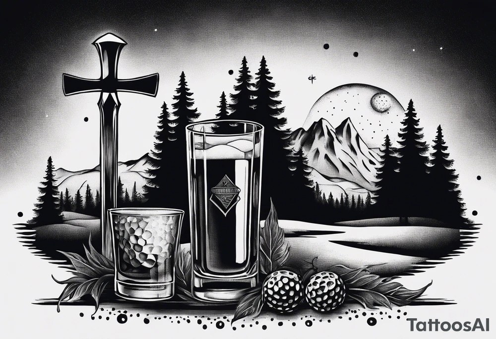 cross with whiskey glass, golf club, camp fire and cabin in the quandrants tattoo idea
