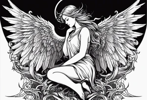 angel girl kneeling inside the symbol of satan vector with face looking down wings wide open. tattoo idea
