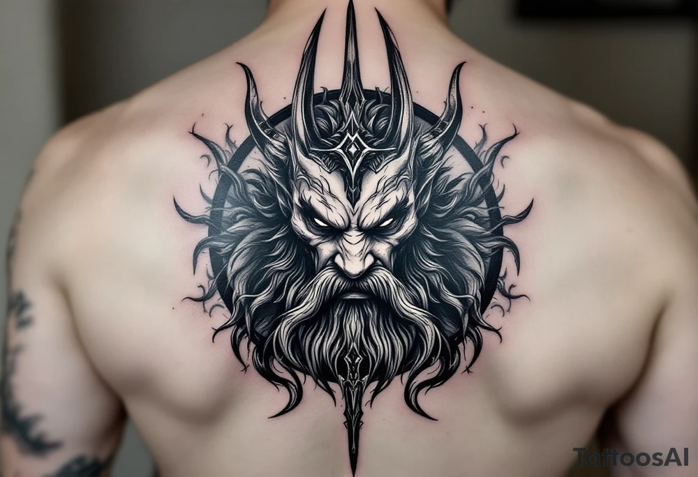 close-up poseidon behind a trident tattoo idea