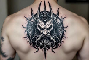 close-up poseidon behind a trident tattoo idea