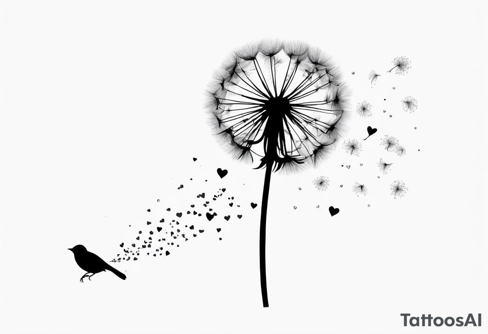Dandelion with its ligules blowing away, a few legs are tiny hearts, the girls turn into a little bird, flying away to its future tattoo idea