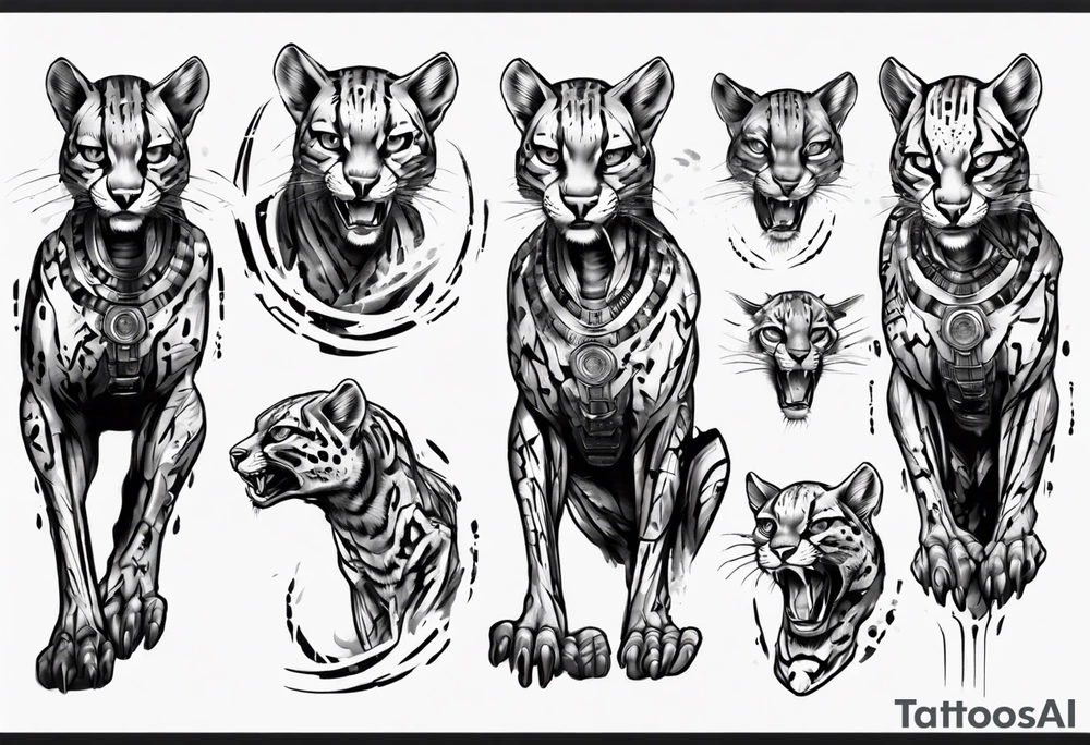 cybernetic ocelot full body roar tattoo idea