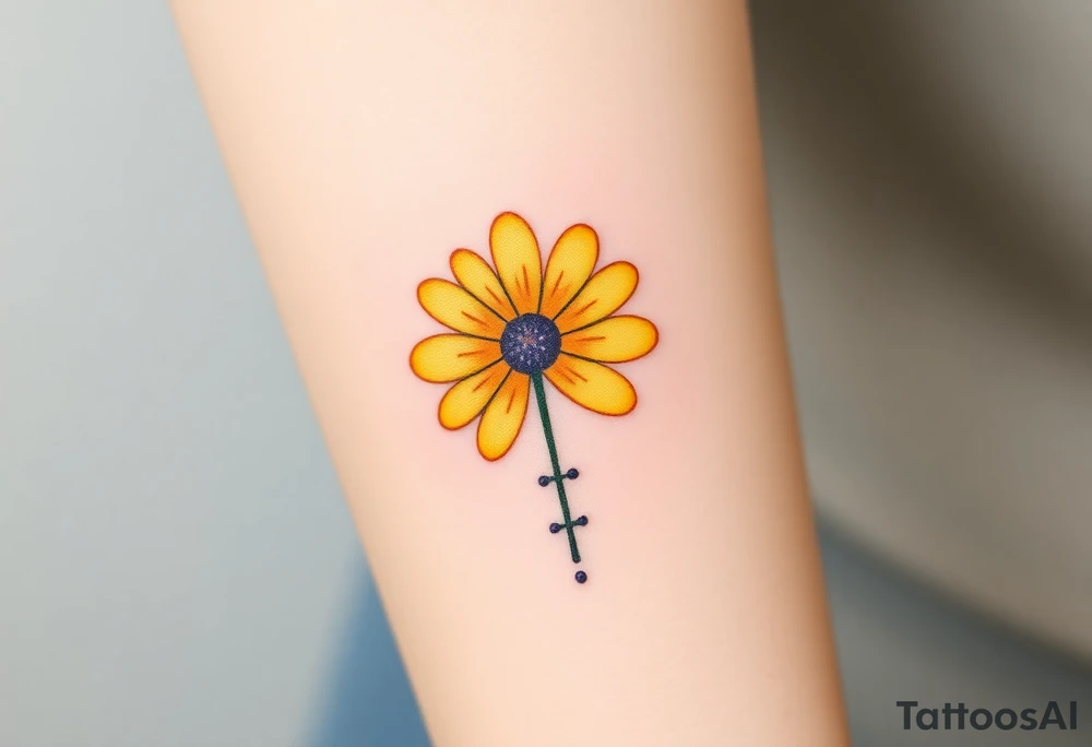 Simple yellow daisy with Purple Hearts & cross tattoo idea