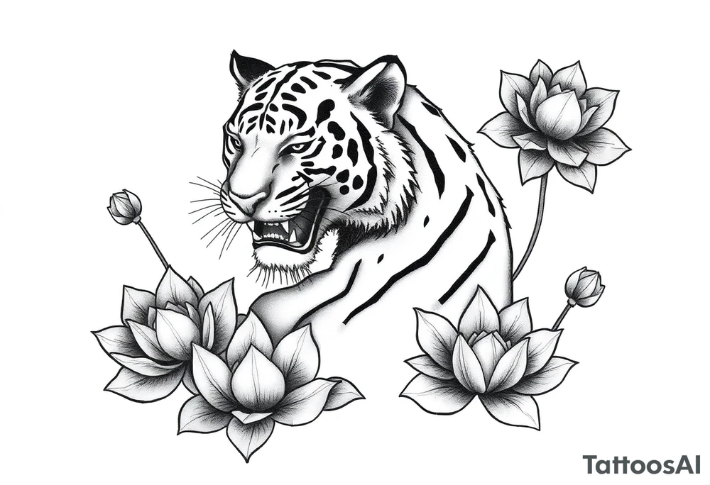 fierce tiger emerging through blooming lotus flowers in mist tattoo idea