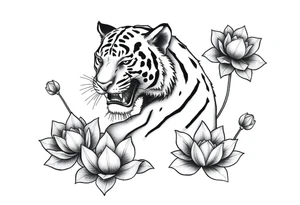 fierce tiger emerging through blooming lotus flowers in mist tattoo idea