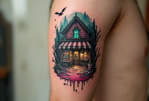 Tim Burton’s candy shop is abandoned and dripping with muted reds, dusty pinks, and eerie green glow. tattoo idea